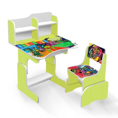 Парта шкільна "Черепашки ніндзя" ЛДСП ПШ 010 (1) 69 * 45 см, колір салатовий, + 1 стілець, з пеналом 82597 фото