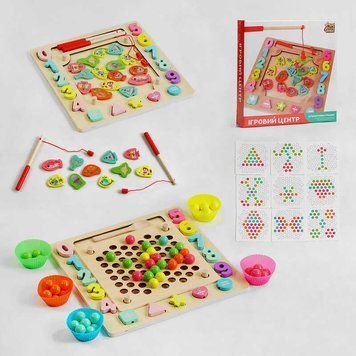 Ігровий центр 30351 (12) "4FUN Game Club Wood", магнітна рибалка, сортер, мозаїка, гра-шнурівка, кульки, в коробці 132814 фото