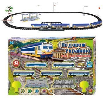 Залізниця 11500 (24) "WToys", ОЗВУЧУВАННЯ УКР. МОВОЮ, 42 деталі, звуки, пісня, озвучені репліки, локомотив, 4 вагони, муляжі оточення, в коробці 164656 фото
