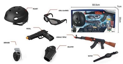 Детский набор полиции (S 006 B) 8 элементов, каска, пистолет, автомат, граната, очки, в коробке 120780 фото