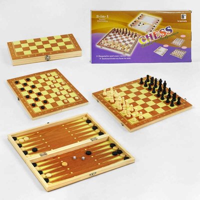 Шахи С 45026 (36) 3в1, дерев'яна дошка, дерев'яні шахи, в коробці 94596 фото