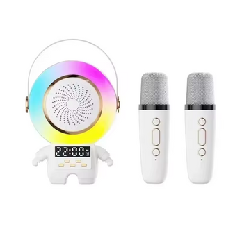 Караоке колонка с двумя микрофонами с изменением голоса (C 72554) bluetooth, подсветка, type-c, TF-карта, AUX-разъем, часы 177049 фото