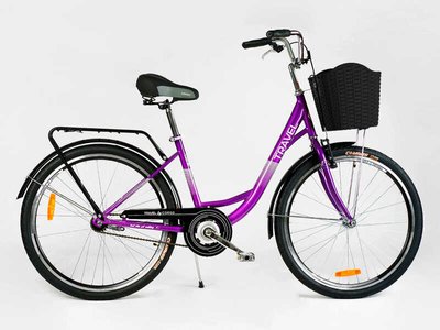 Велосипед городской Corso «TRAVEL» 26” TR-1096 (1) цвет фиолетовый, односкоростной, стальная рама 16.5”, корзина, багажник 154455 фото