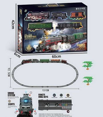 Детская железная дорога со звуком, подсветкой и парогенератором (602 A) автоматическое движение, на батарейках, локомотив и 4 вагона 135468 фото